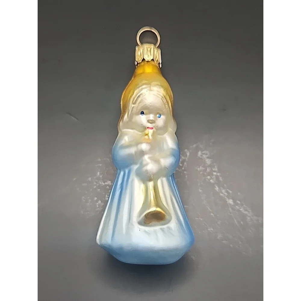 Vintage Blown Glass German Christmas Ornamemt Little Angel In Blue Silver & Gold